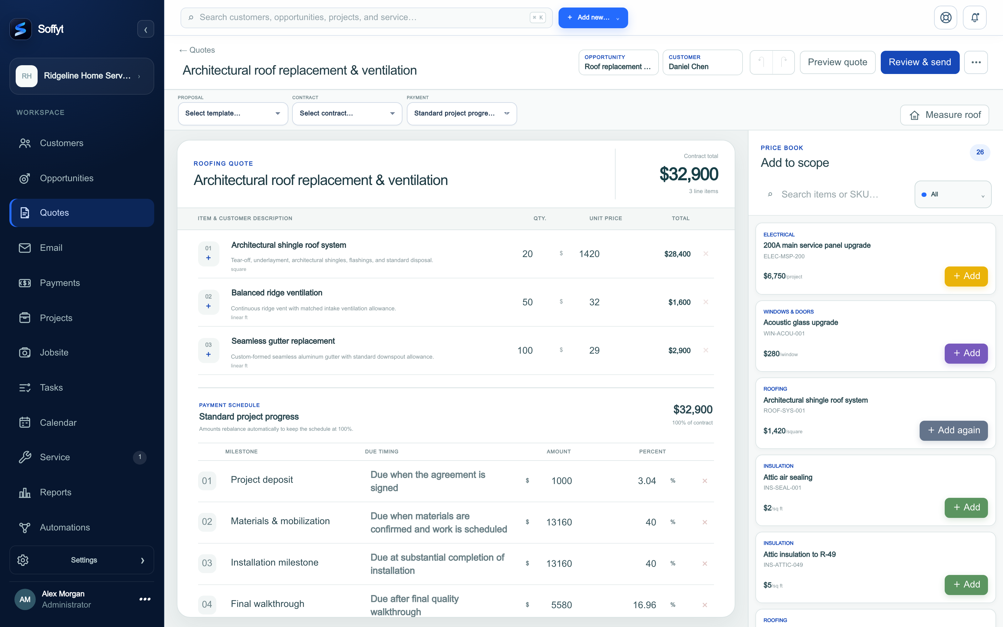 Soffyt quote workspace with an itemized roofing proposal and pricing options
