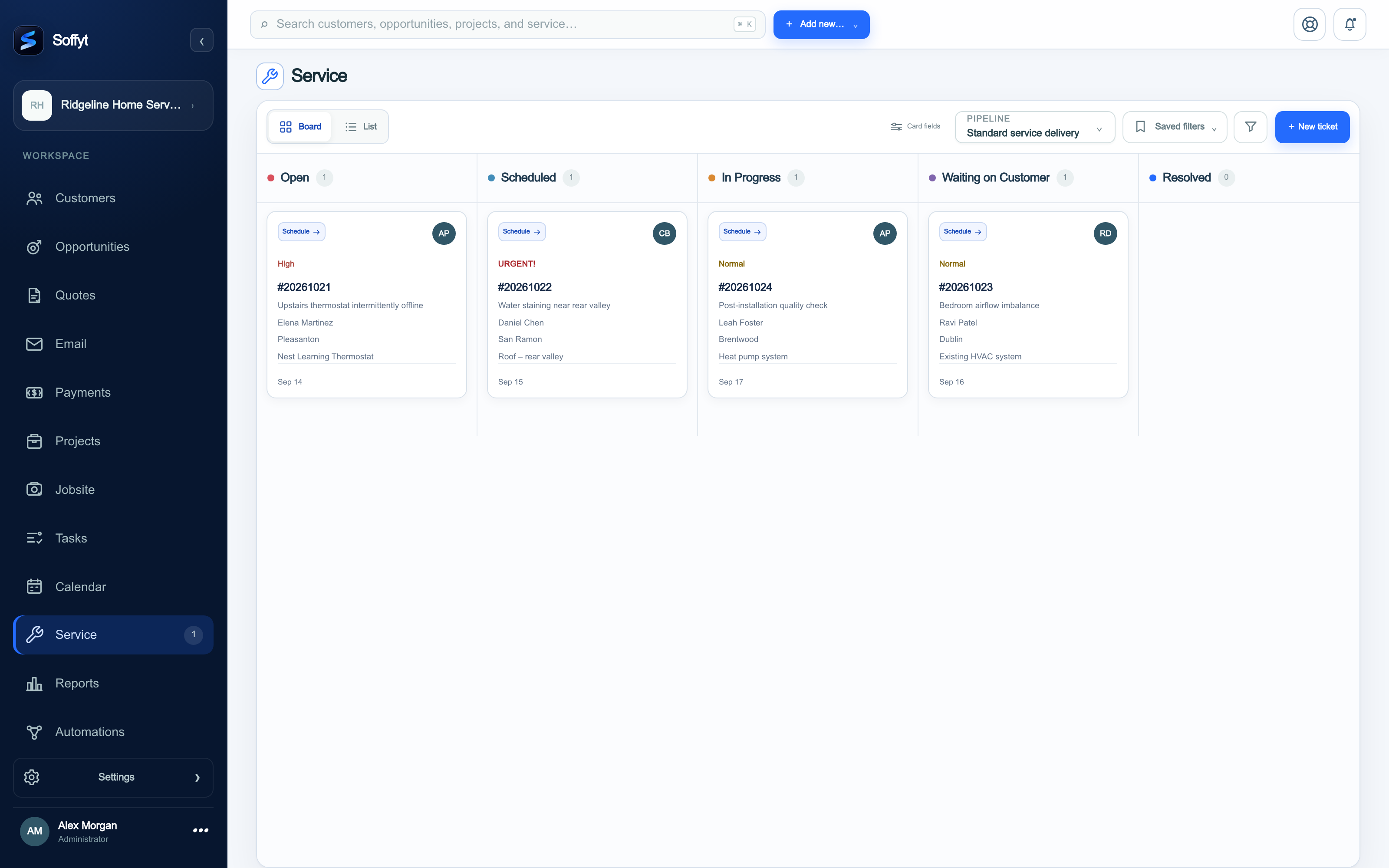 Soffyt Service pipeline showing warranty tickets by stage, priority, and assigned owner