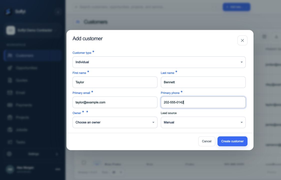 Enter the name, primary email, and phone in the customer form.
