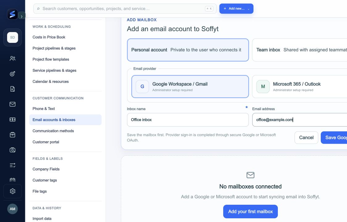 Select the provider and enter the inbox name and address. Administrator setup is still required in this example; it is not a connected mailbox.