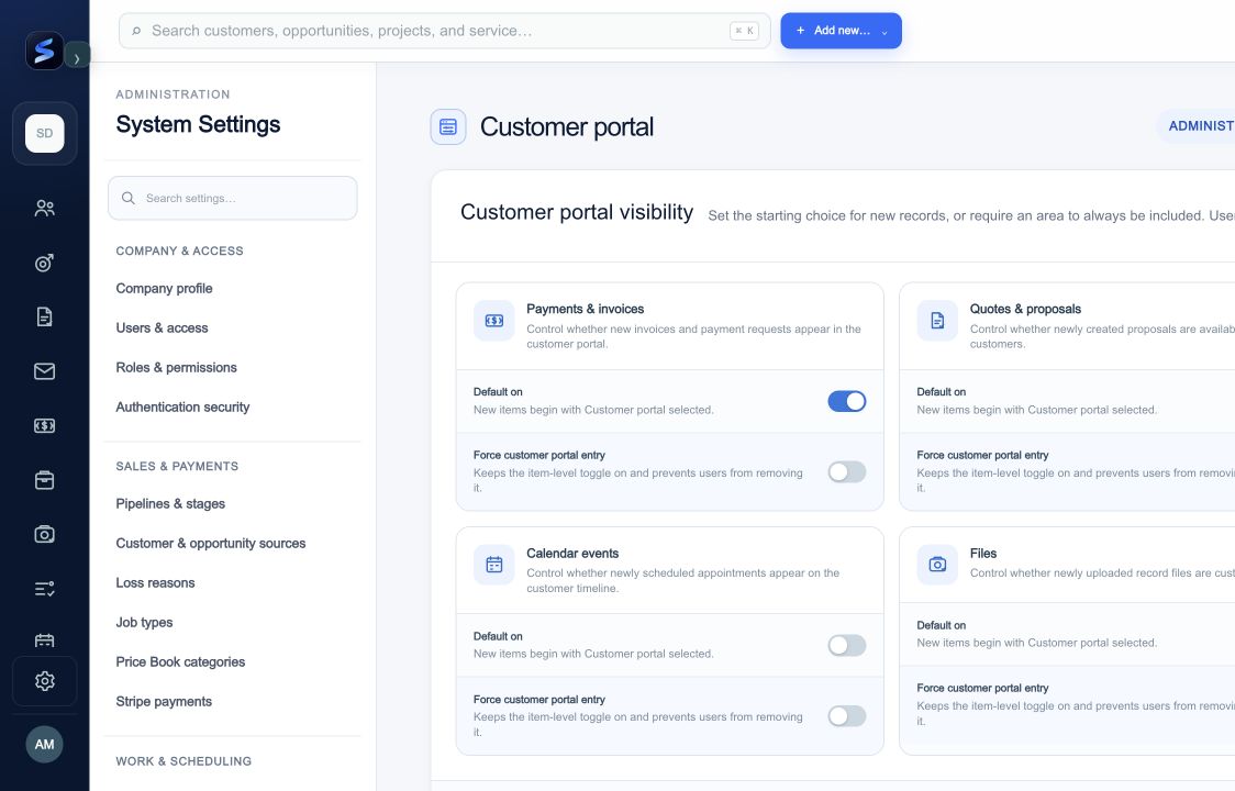 Payments and Calendar have separate default and required visibility controls; review both before sharing customer access.